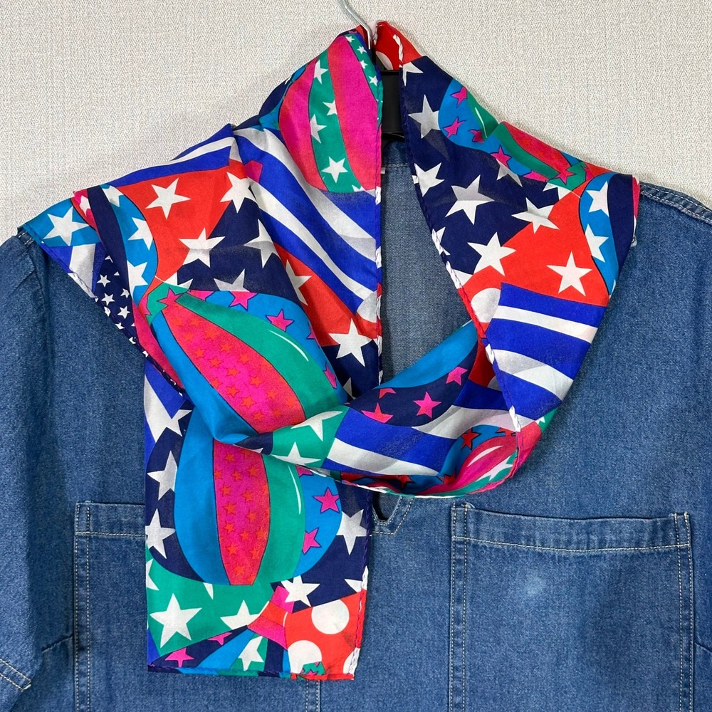 Honey Vintage Silk Scarf Red Blue Green Star Print 50x10 Y2K